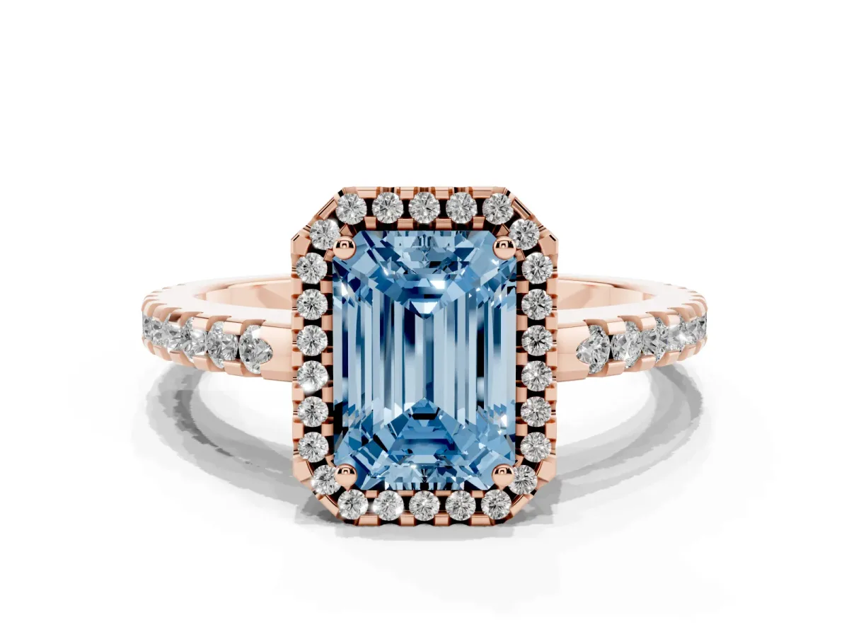 Fancy Blue Emerald Cut Diamond Halo Engagement Ring with Pavé Band and Prong Setting Rose gold