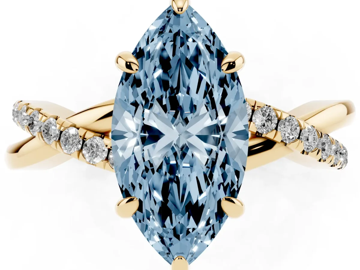 Fancy Blue Marquise Cut Cut Diamond Twist Band Solitaire with Prong Setting Yellow gold