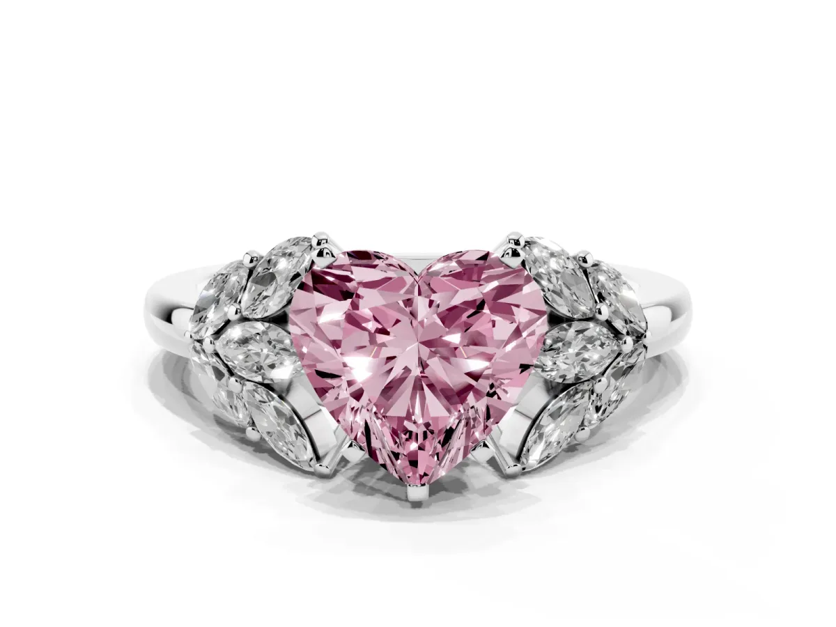 Fancy Pink Heart Cut Diamond Cluster Leaf Design Ring with Prong Setting Silver