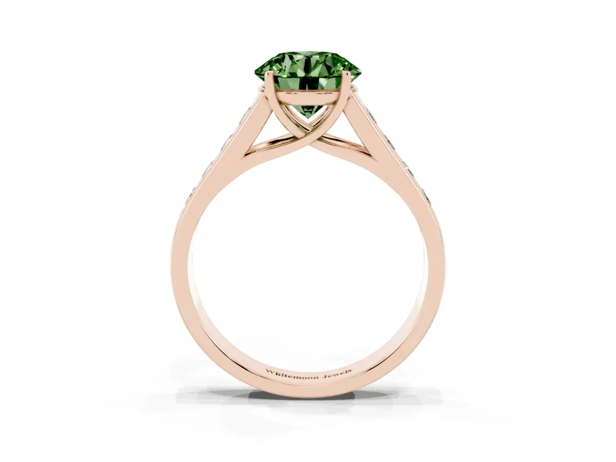 Fancy Green Round Cut Brilliant Channel-Set Solitaire Ring with Four-Prong Setting Rose gold