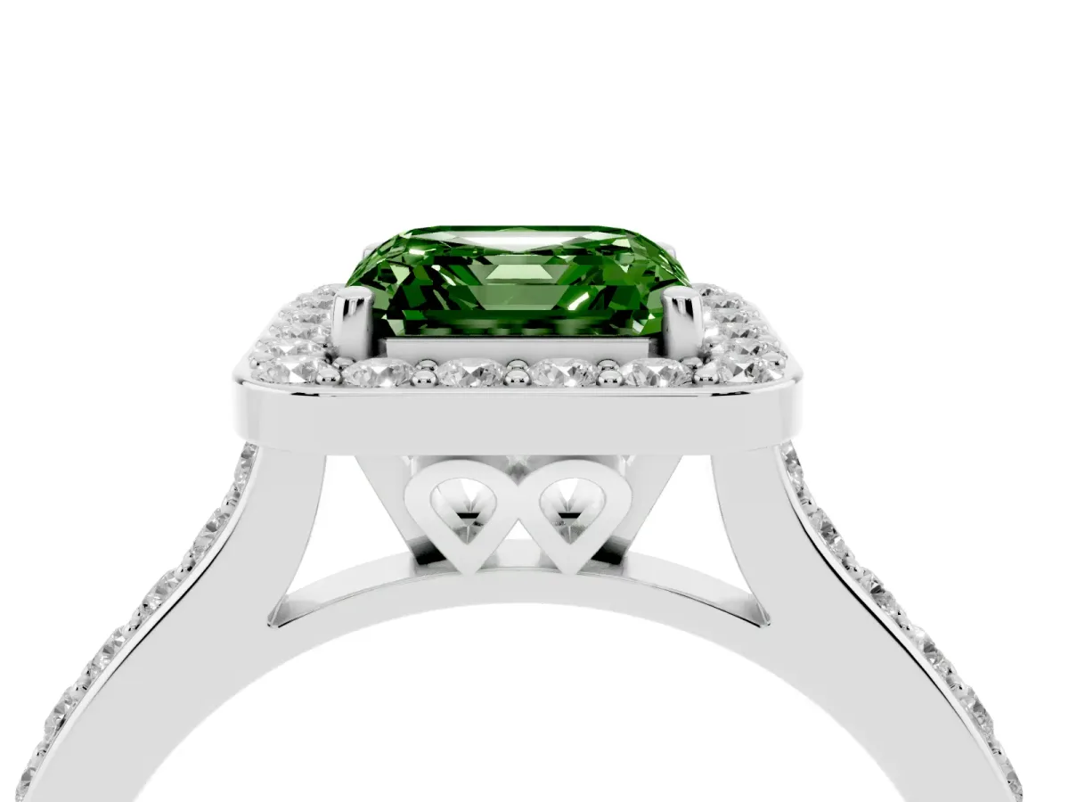 Fancy Green Asscher Cut Diamond Halo Engagement Ring with Round Pavé Shoulders and Prong Setting Silver