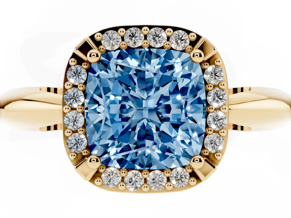 Fancy Blue Cushion Cut Cut Diamond Halo Engagement Ring with Split Shank and Four-Prong Setting Yellow gold