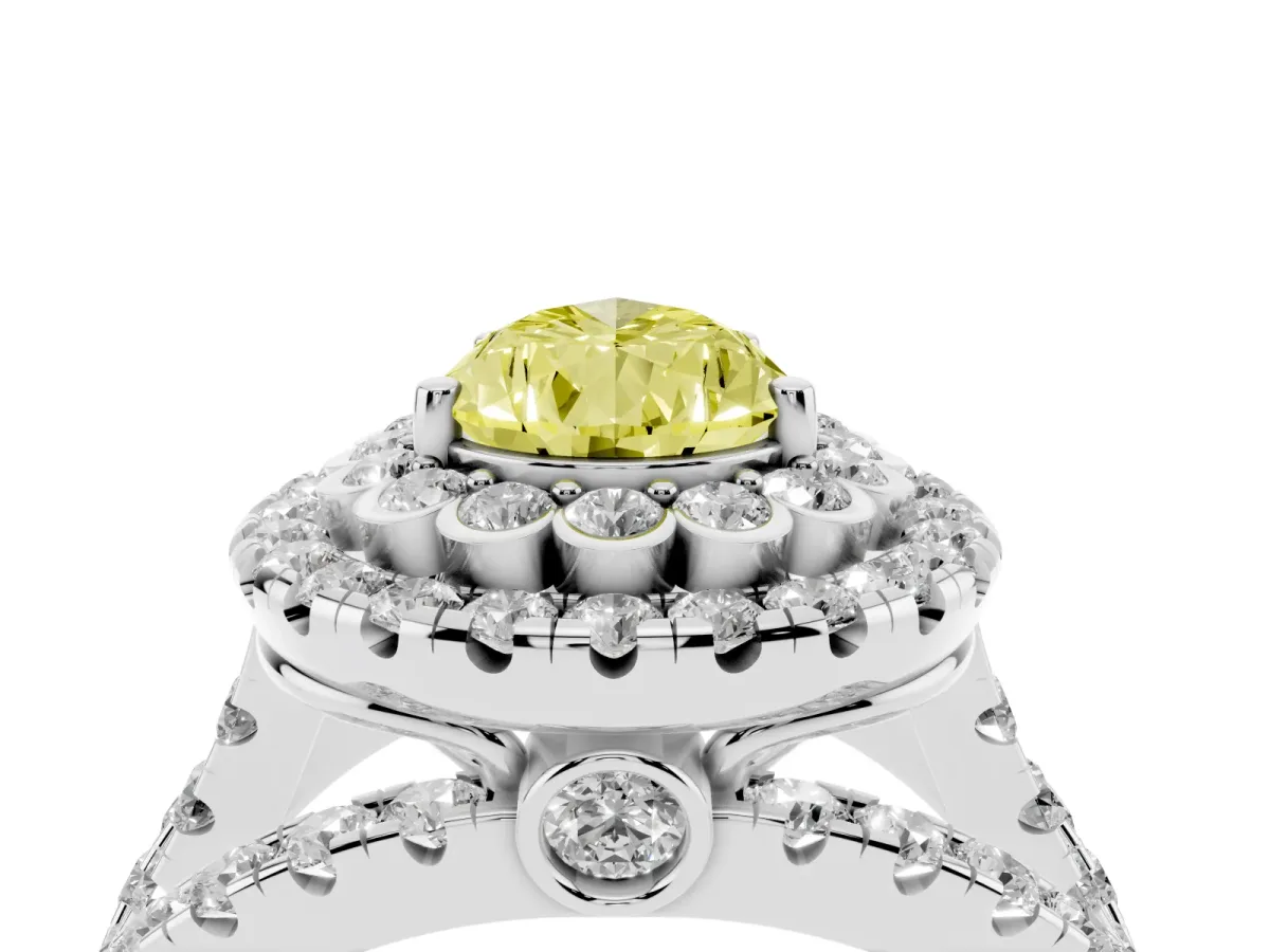 Fancy Yellow Pear Cut Diamond Double Halo Ring with Round Pavé Split Shank and Prong Setting Silver