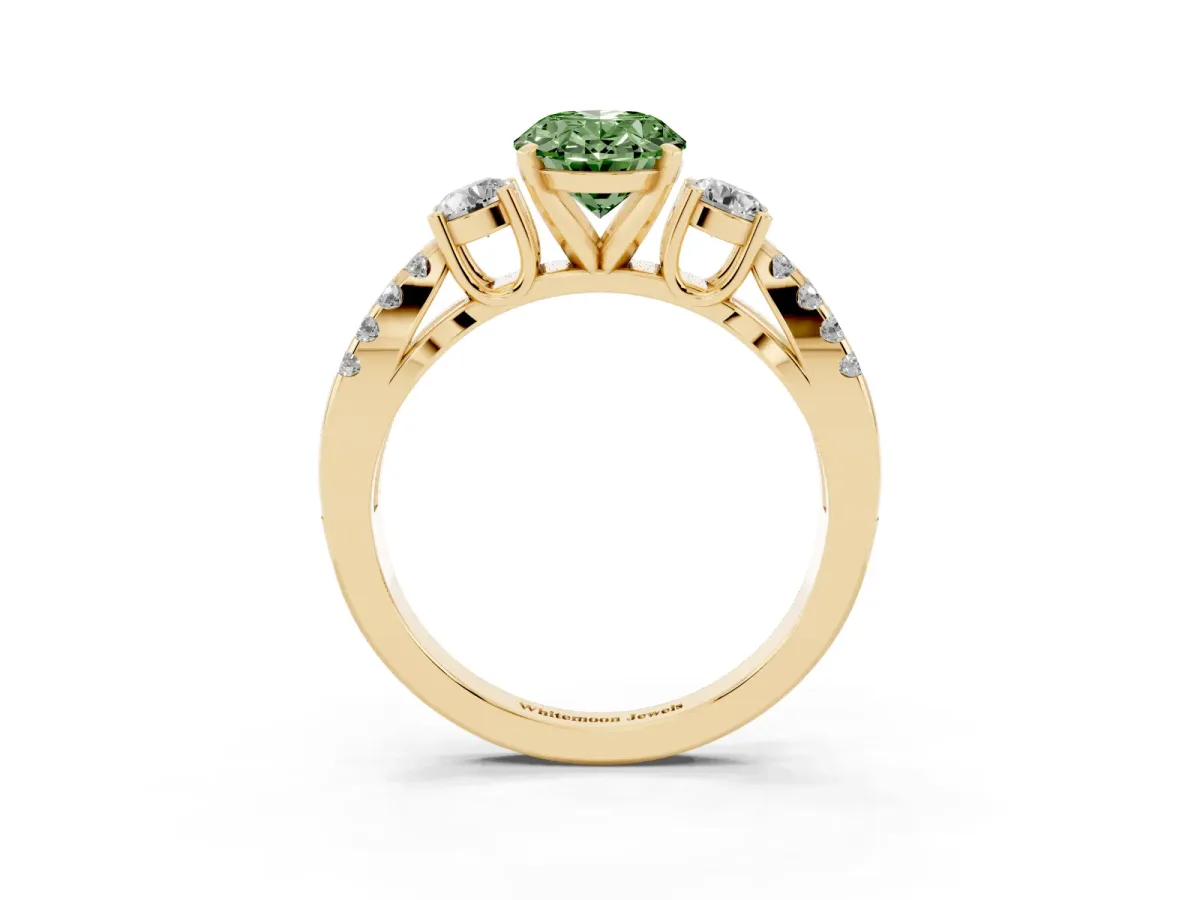 Fancy Green Oval Cut Diamond Three-Stone Ring with Pavé Split Shank and Four-Prong Setting Yellow gold