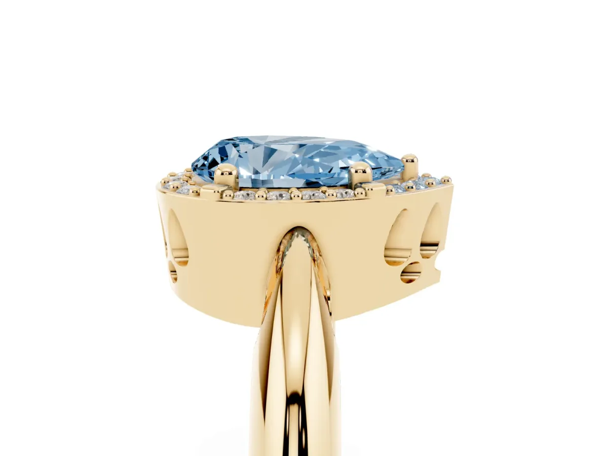 Fancy Blue Pear Cut Cut Diamond Halo Engagement Ring with Split Shank and Four-Prong Setting Yellow gold