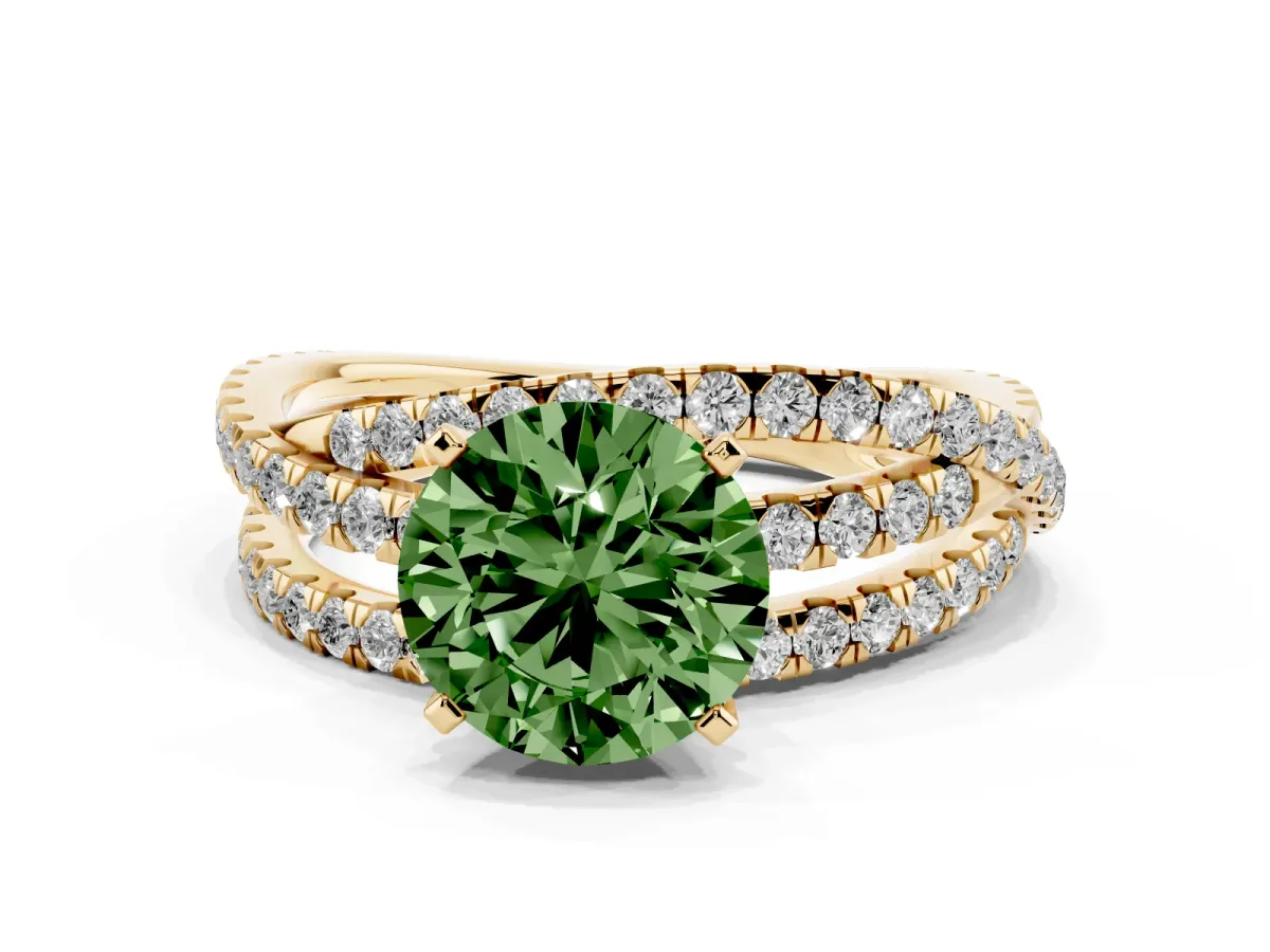 Fancy Green Round Cut Solitaire Twist Band with Pavé Setting and Four-Prong Setting Yellow gold