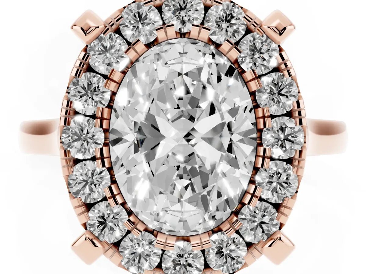 Oval Cut Diamond Cluster Halo Solitaire with Four-Prong Setting Rose gold