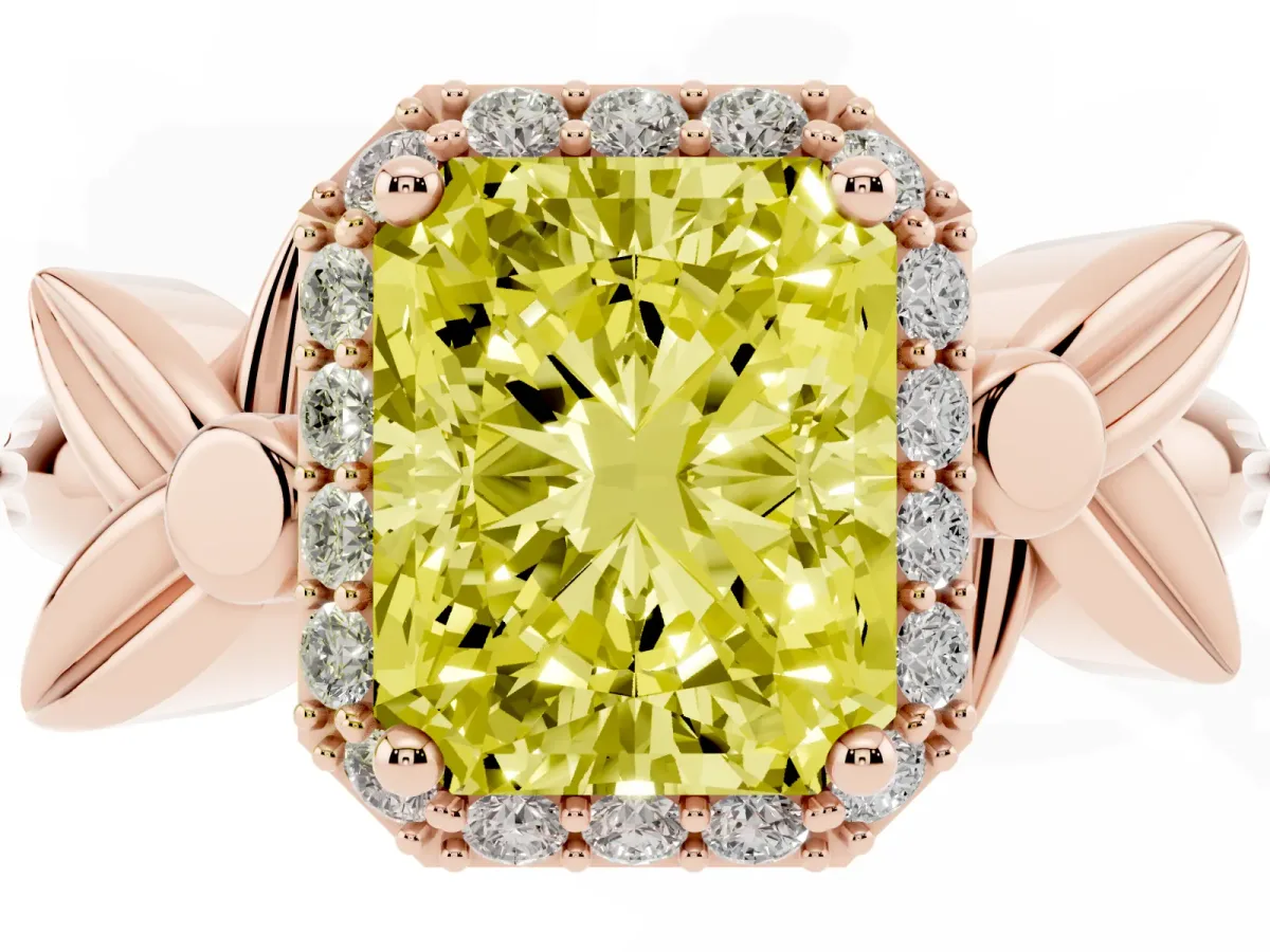 Fancy Yellow Radiant Cut Halo Diamond Floral Band with Four-Prong Setting Rose gold