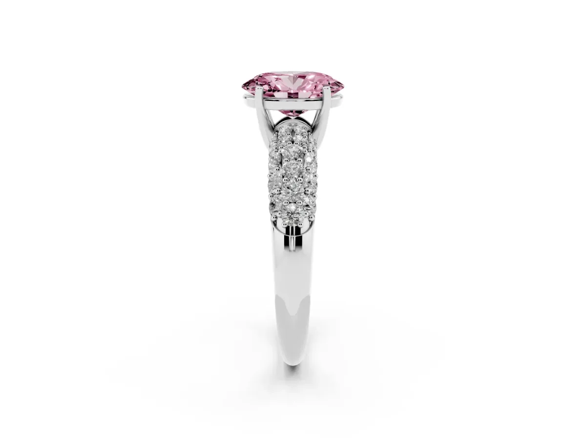 Fancy Pink Oval Cut Diamond Pavé Band Solitaire Ring with Four-Prong Setting White gold