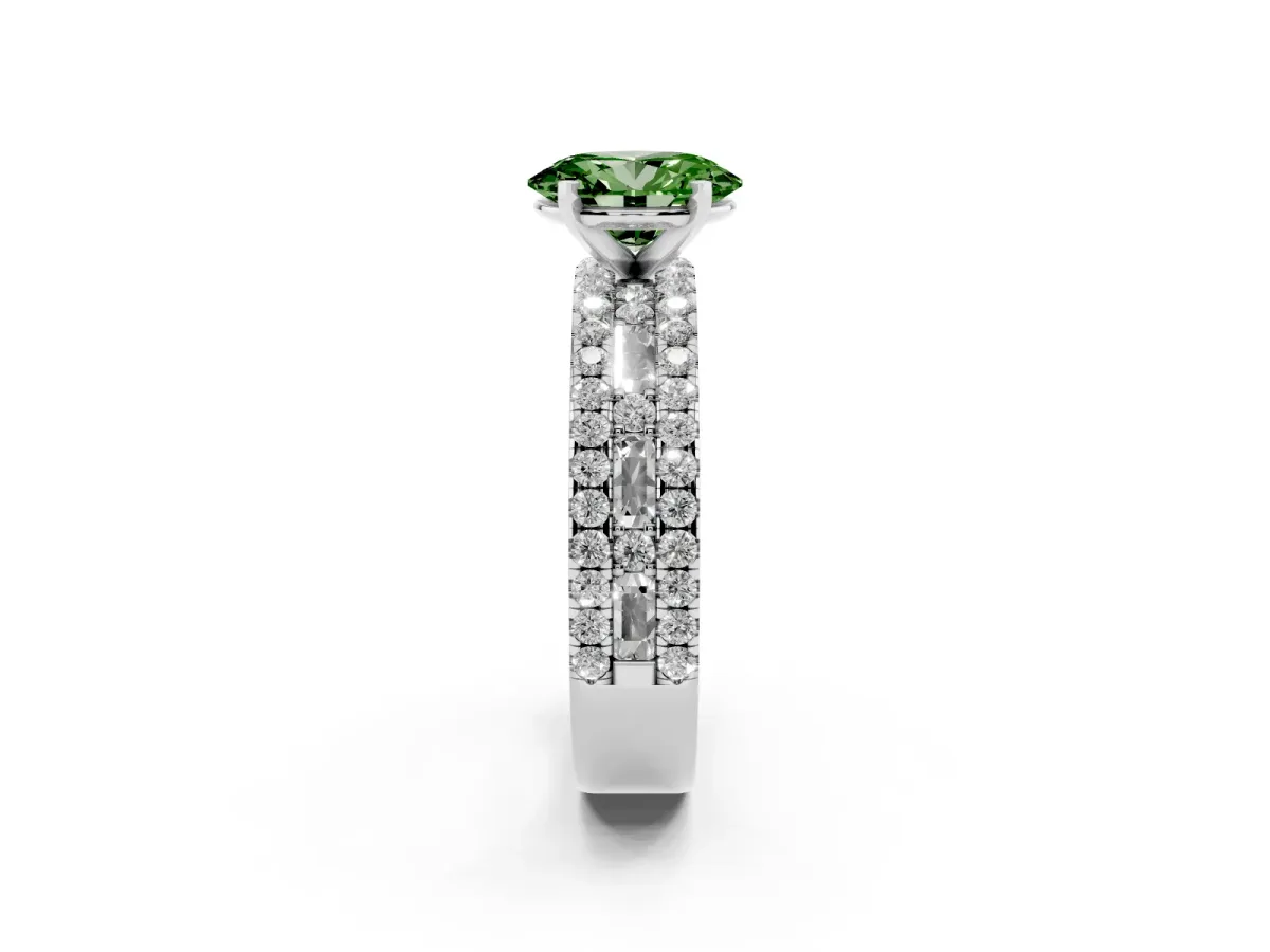 Fancy Green Oval Cut Diamond Solitaire Ring with Pavé and Channel Set Band Silver