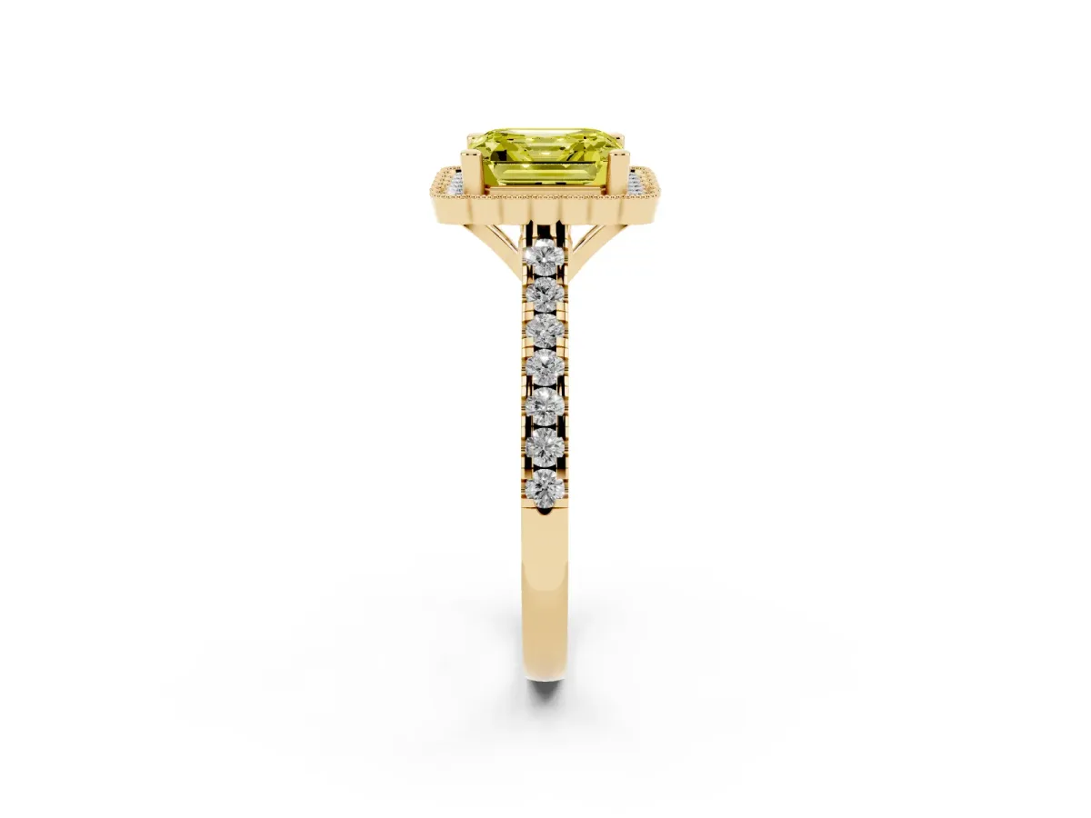 Fancy Yellow Asscher Cut Cut Diamond Milgrain Floral Halo Engagement Ring with Pavé Band Yellow gold