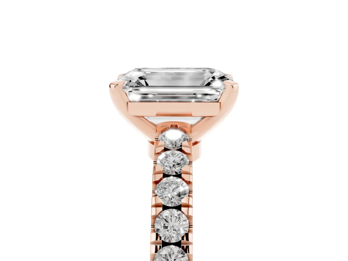 Emerald Cut Solitaire Diamond with Pavé Band and Four-Prong Setting Rose gold