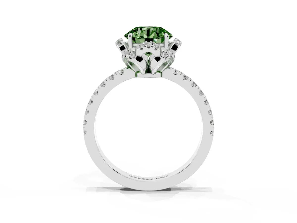 Fancy Green Round Cut Diamond Halo Pave Band with Four-Prong Setting Silver