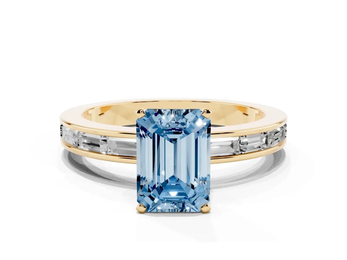 Fancy Blue Emerald Cut Solitaire Diamond Ring with Channel-Set Baguette Band and Four-Prong Setting Yellow gold