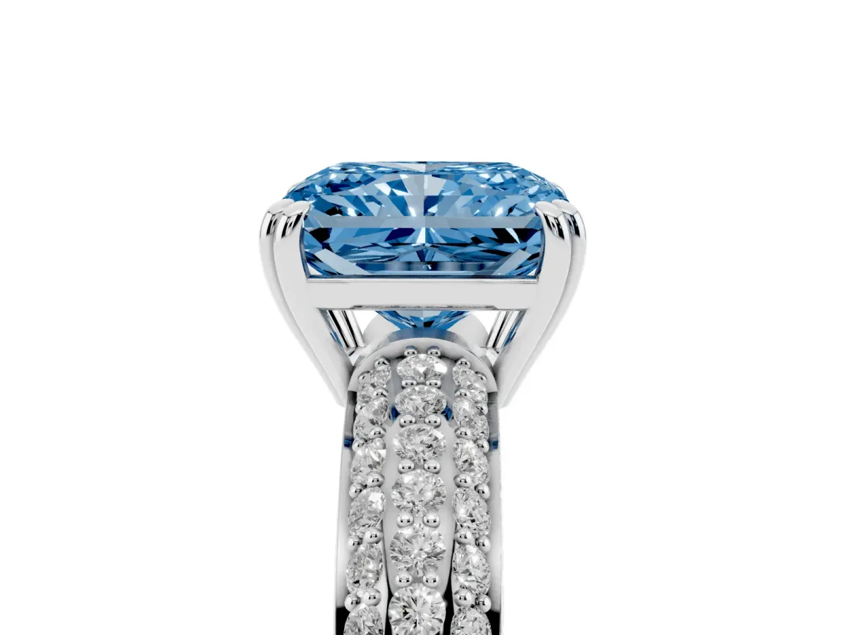 Fancy Blue Radiant Cut Diamond Solitaire Ring with Multi-Row Round Pavé Band and Prong Setting Silver