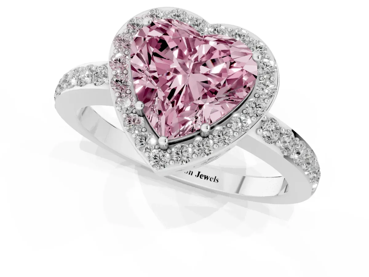 Fancy Pink Heart Cut Halo Diamond Pavé Band Ring with Prong Setting Silver