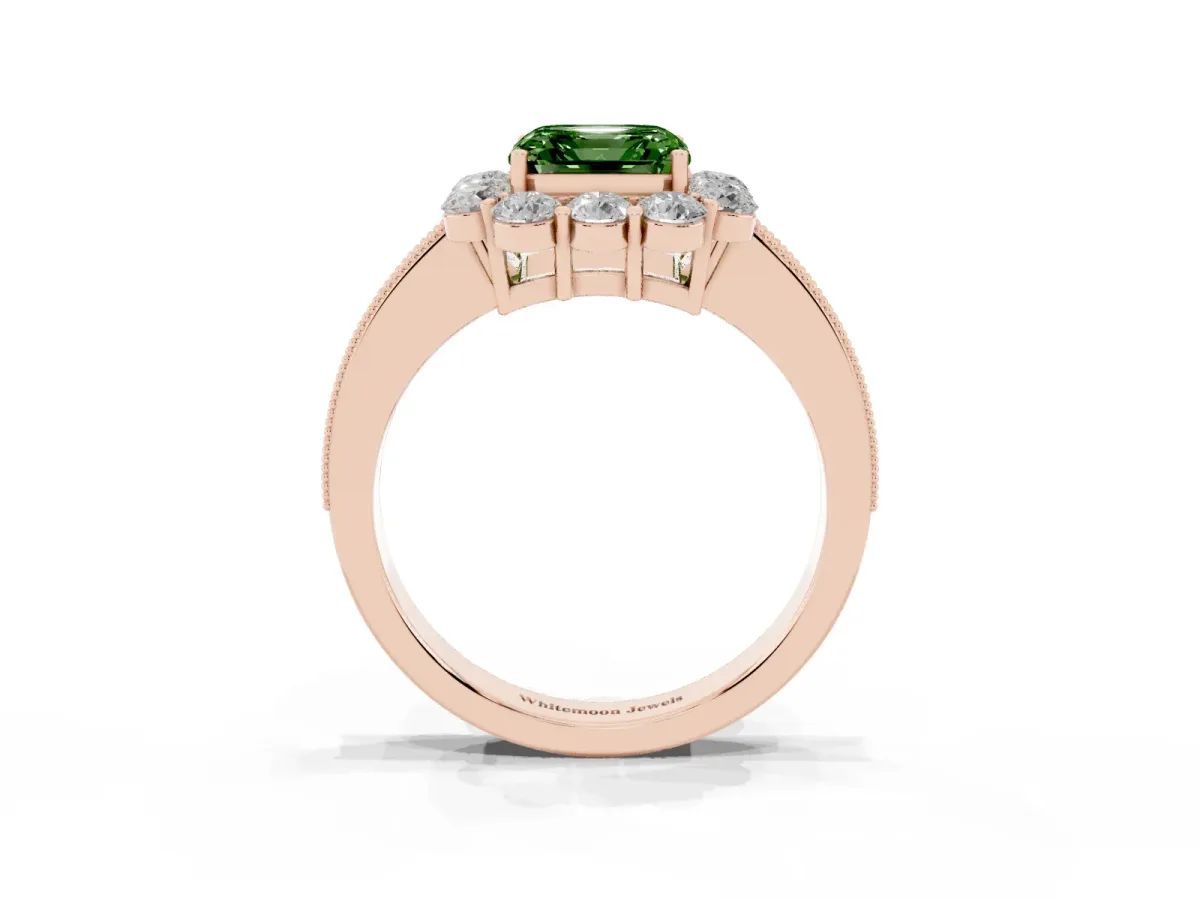 Fancy Green Asscher Cut Cut Halo Diamond Pavé Engagement Ring with Milgrain Detailing Rose gold