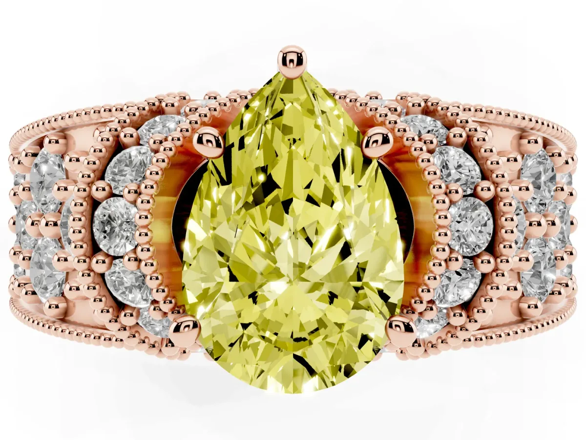Fancy Yellow Pear Cut Halo Pave Diamond Engagement Ring with Milgrain Detailing Rose gold