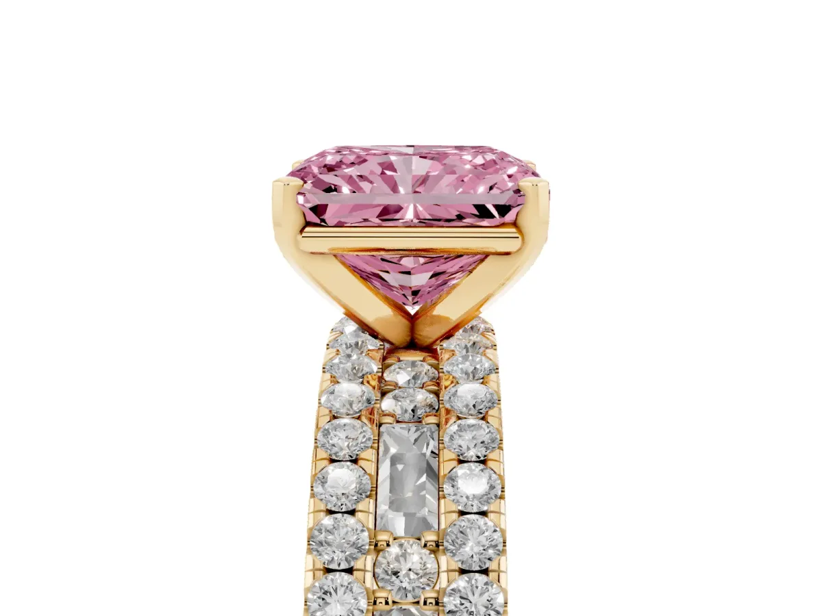 Fancy Pink Radiant Cut Diamond Solitaire Ring with Pavé and Channel Set Band Yellow gold