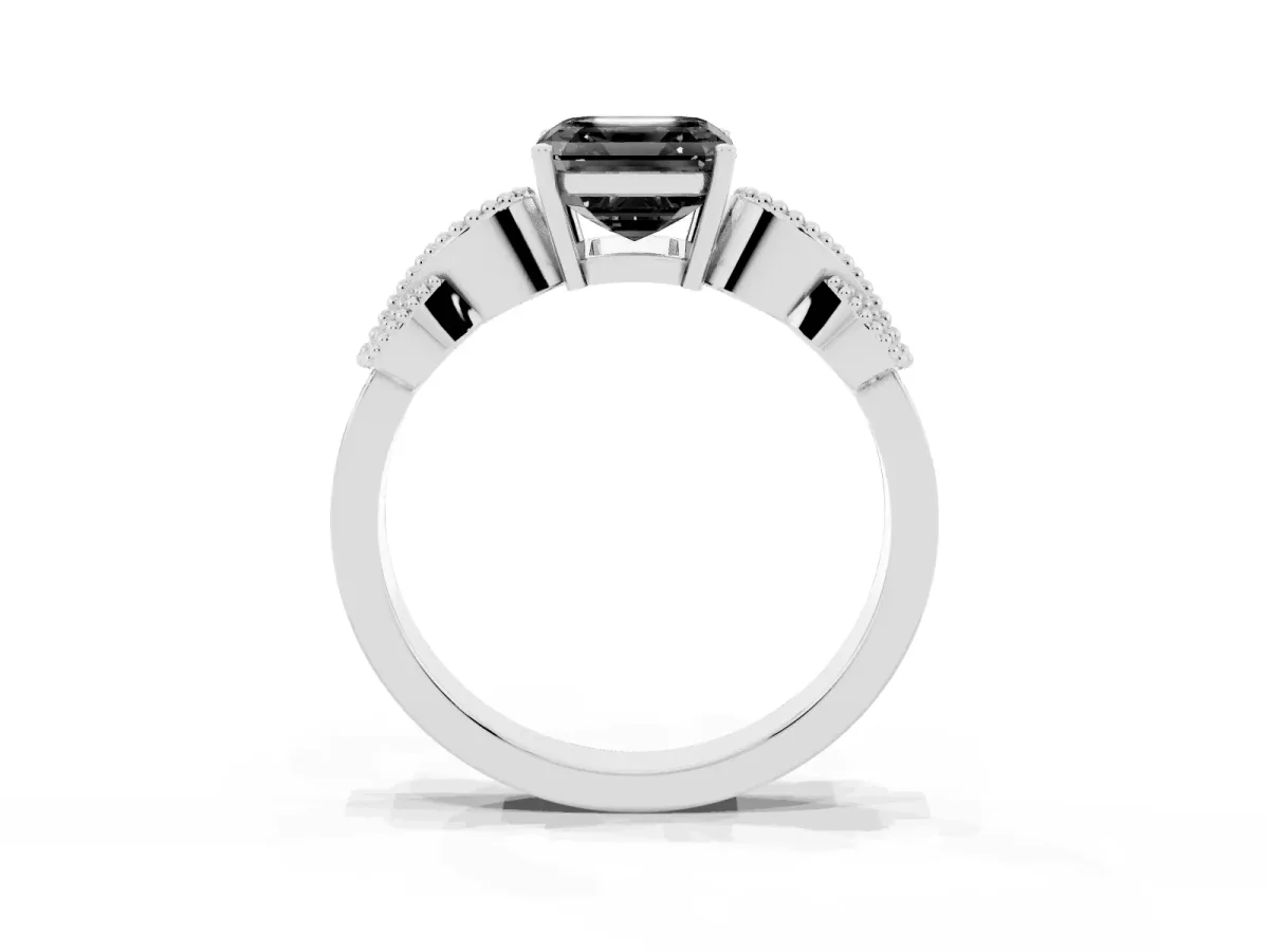 Fancy Black Asscher Cut Solitaire Milgrain Leaf Band with Prong Setting White gold