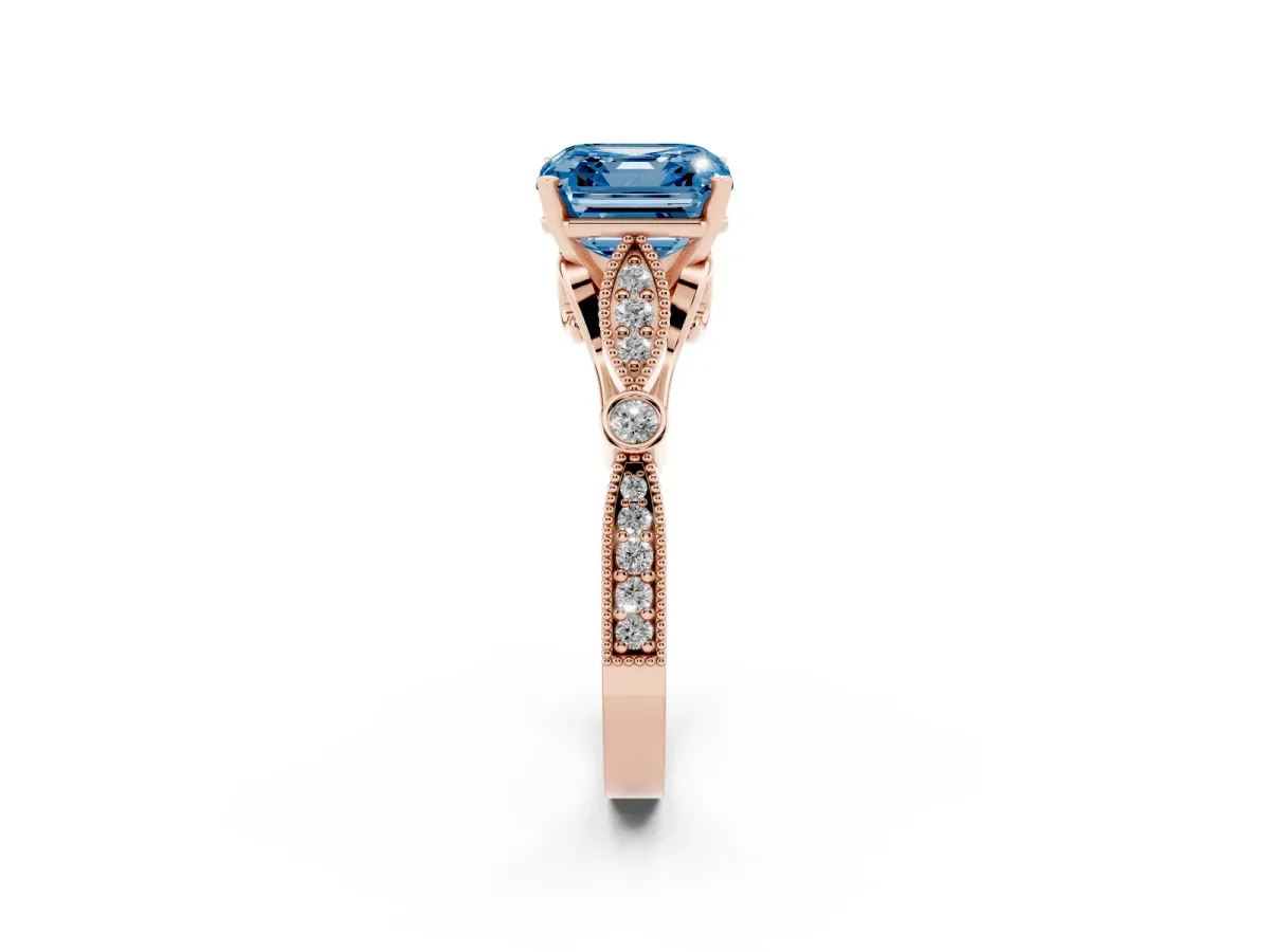 Fancy Blue Asscher Cut Cut Diamond with Milgrain Marquise and Bezel Accents on a Solitaire Band with Prong Setting Rose gold