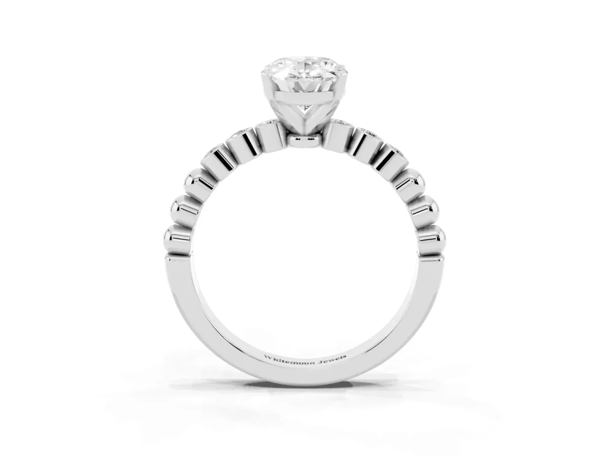 Oval Cut Solitaire Bezel Accent Diamond Engagement Ring with Beaded Band and Four-Prong Setting Silver