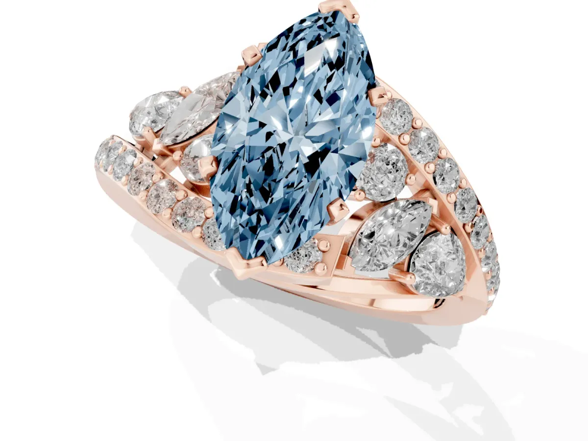 Fancy Blue Marquise Cut Diamond Halo Ring with Marquise and Pavé Band in Prong Setting Rose gold