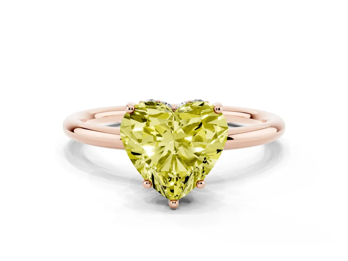 Fancy Yellow Heart Cut Solitaire Diamond Ring with a Classic Band and Four-Prong Setting Rose gold