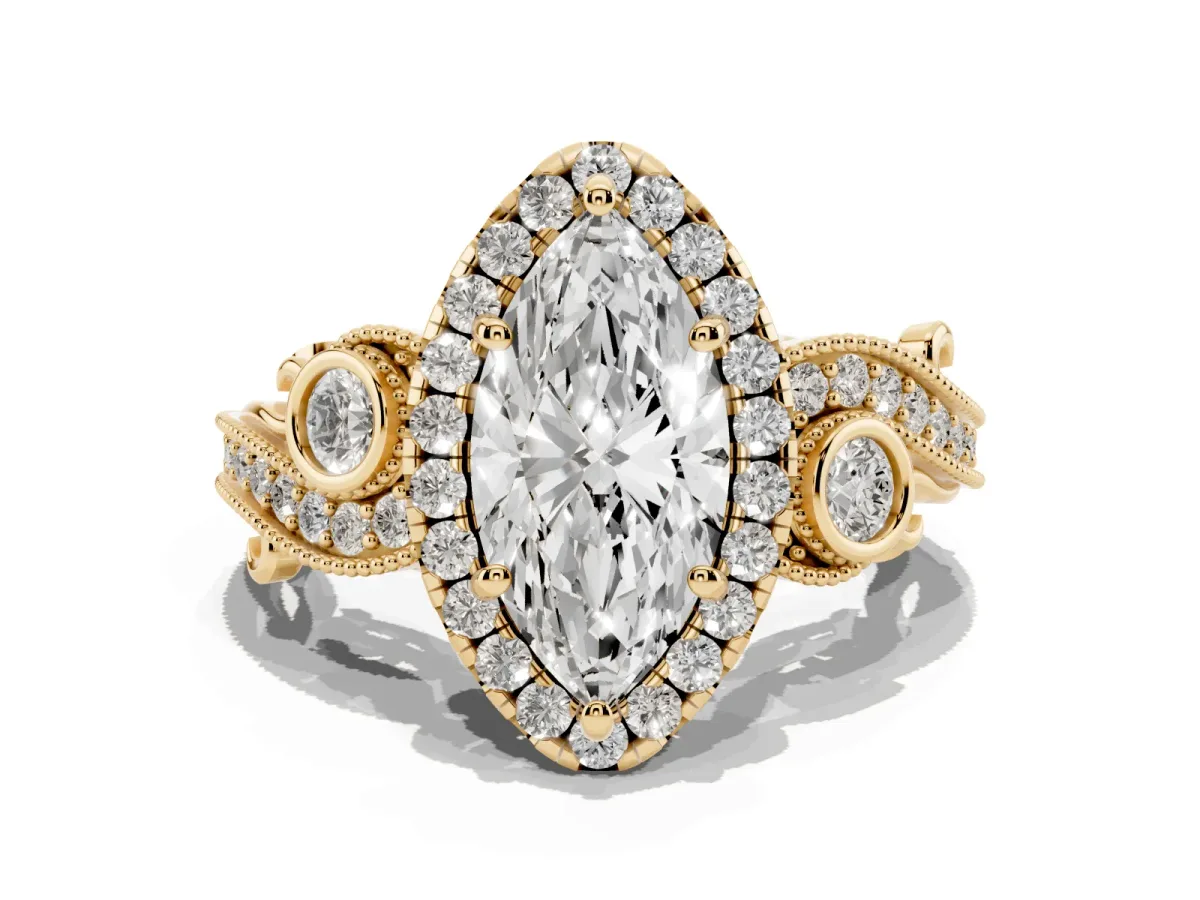 Marquise Cut Halo Diamond Ring with Milgrain and Bezel Accents on a Split Shank Band Yellow gold