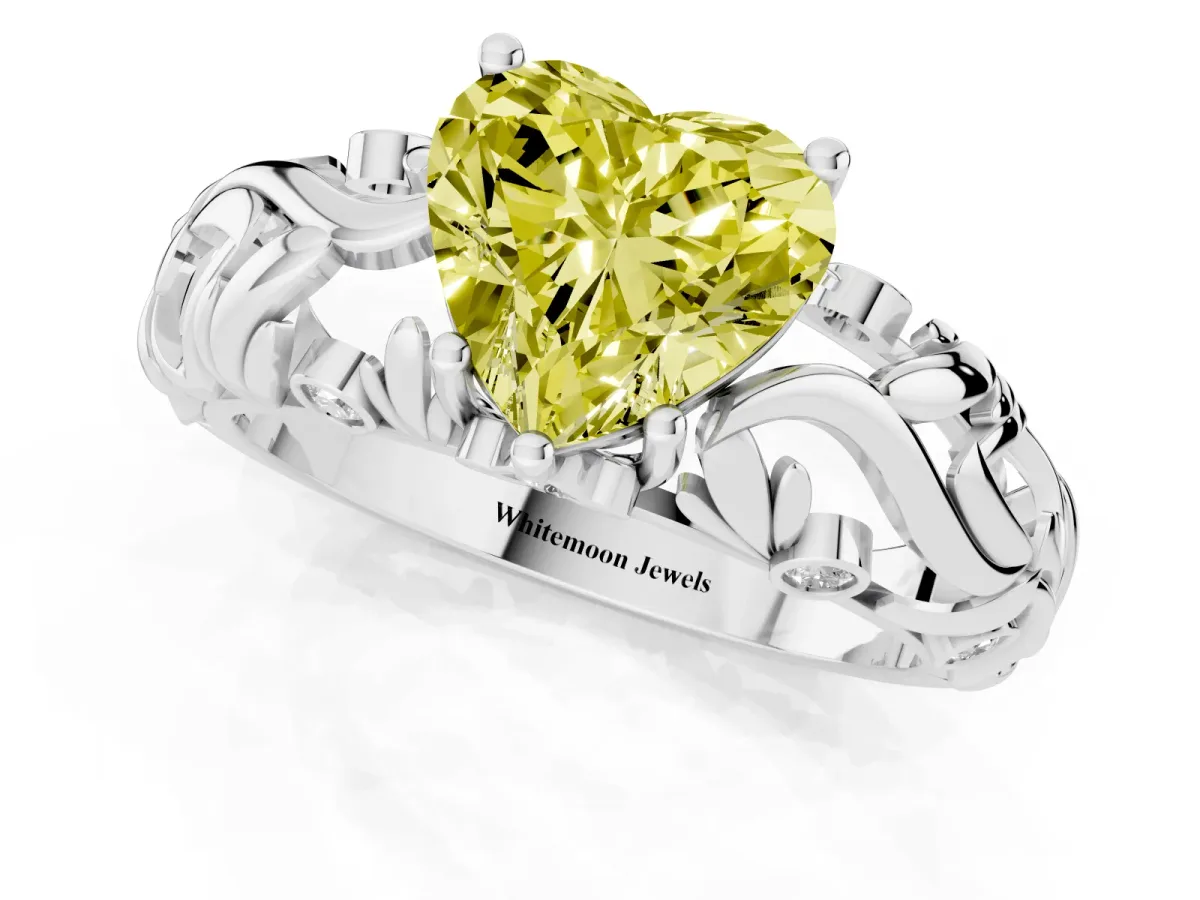 Fancy Yellow Heart Cut Solitaire Diamond Leaf-Inspired Vine Band Ring with Prong Setting Silver