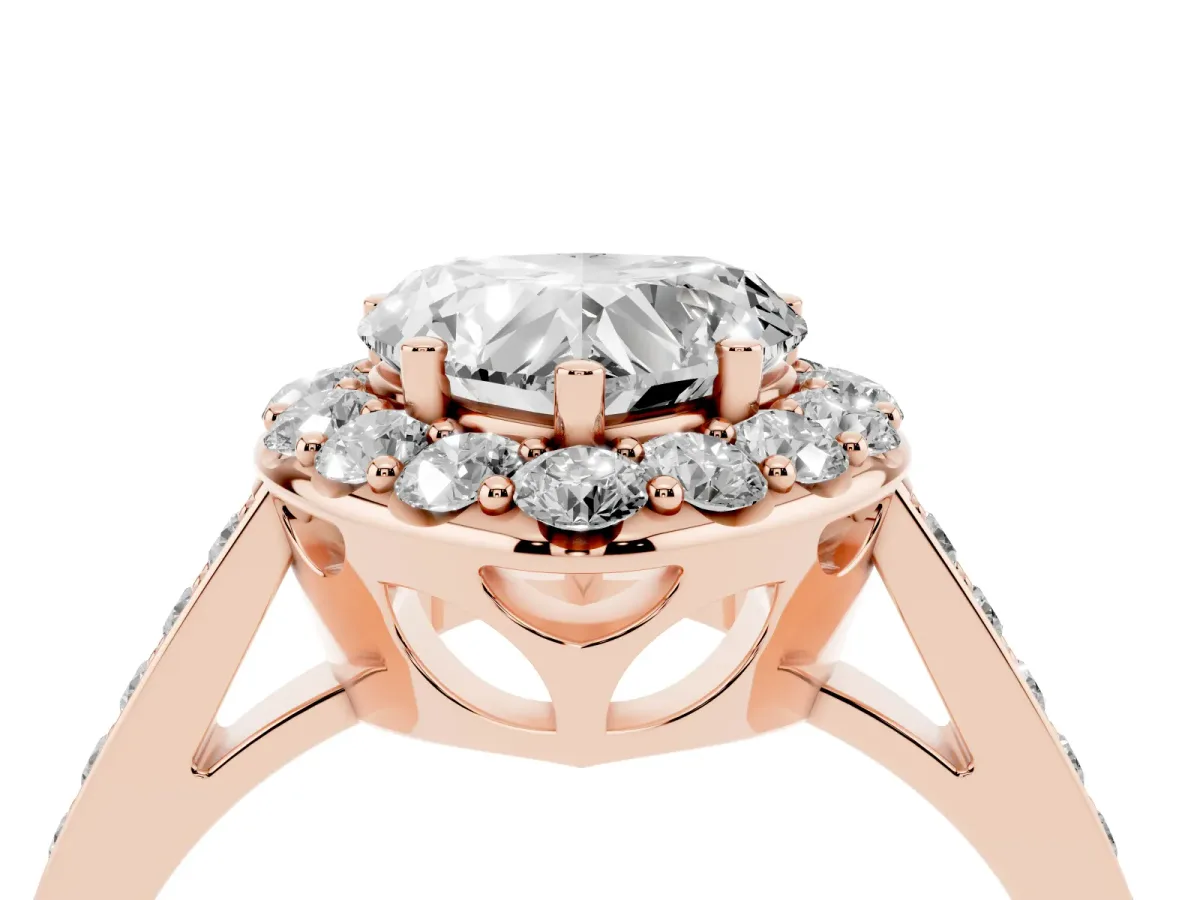 Heart Cut Diamond Floral Halo Ring with Pavé Band and Prong Setting Rose gold