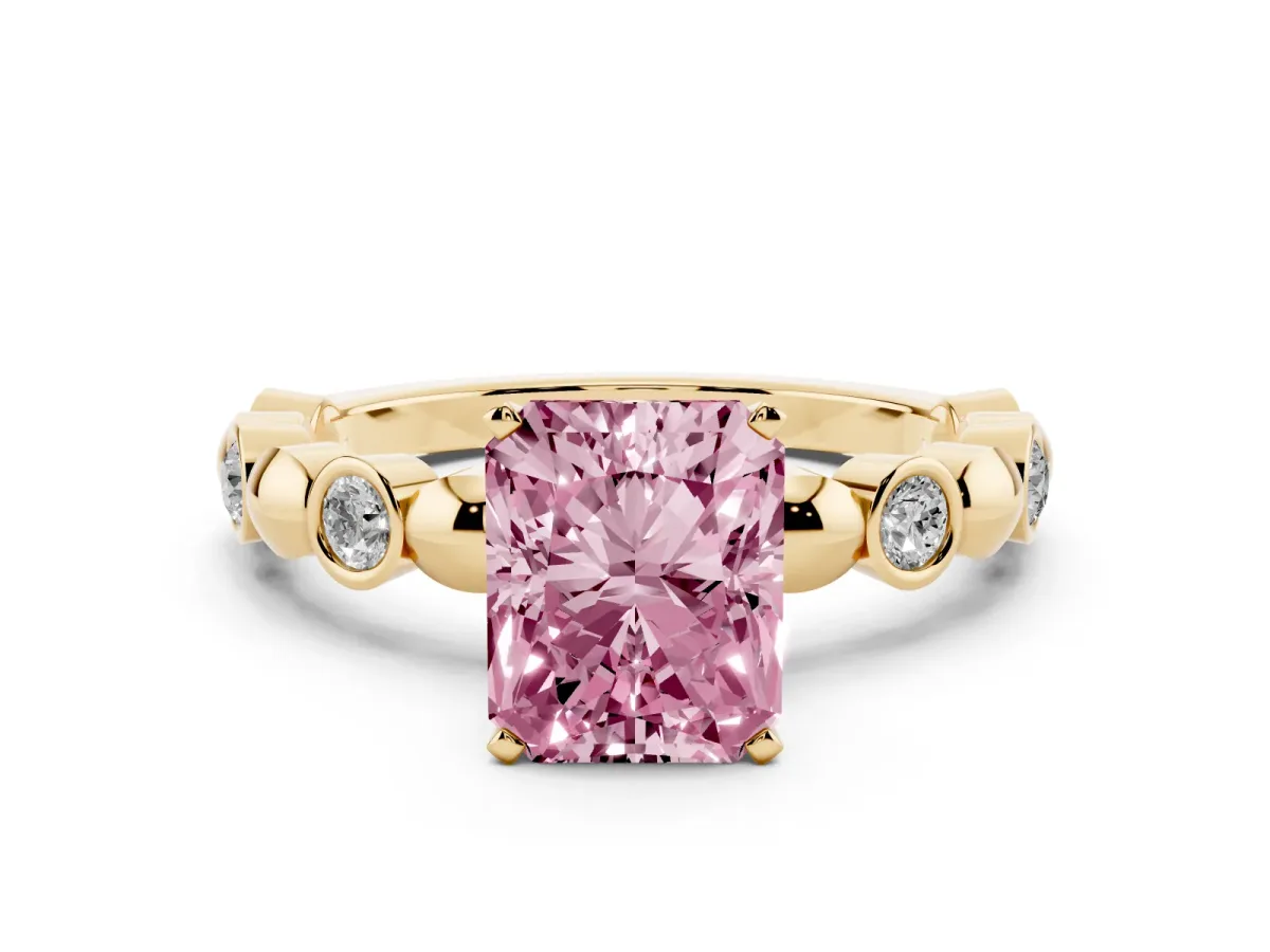 Fancy Pink Radiant Cut Solitaire Bezel-Set Diamond Ring with Beaded Band and Four-Prong Setting Yellow gold