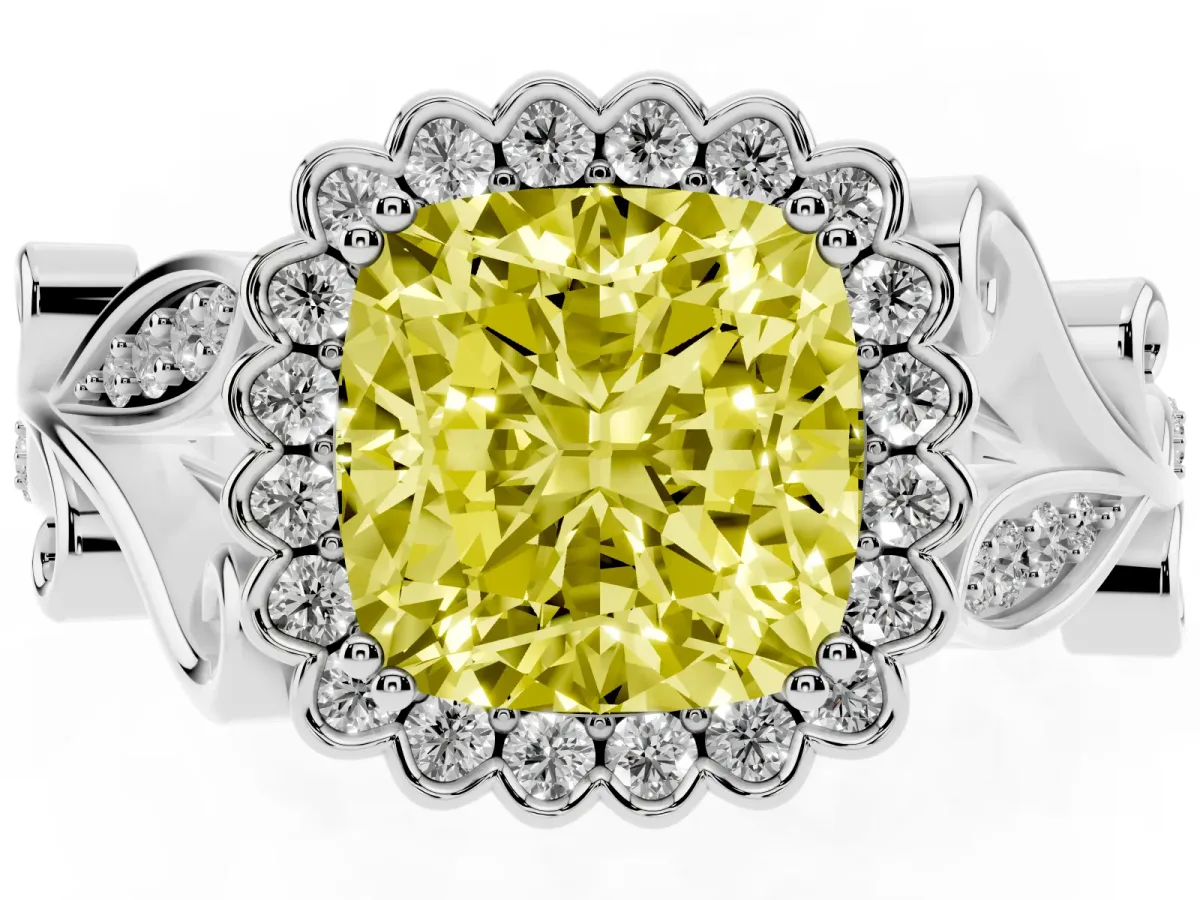 Fancy Yellow Cushion Cut Diamond Halo Ring with Vintage Split Shank and Four-Prong Setting Platinum
