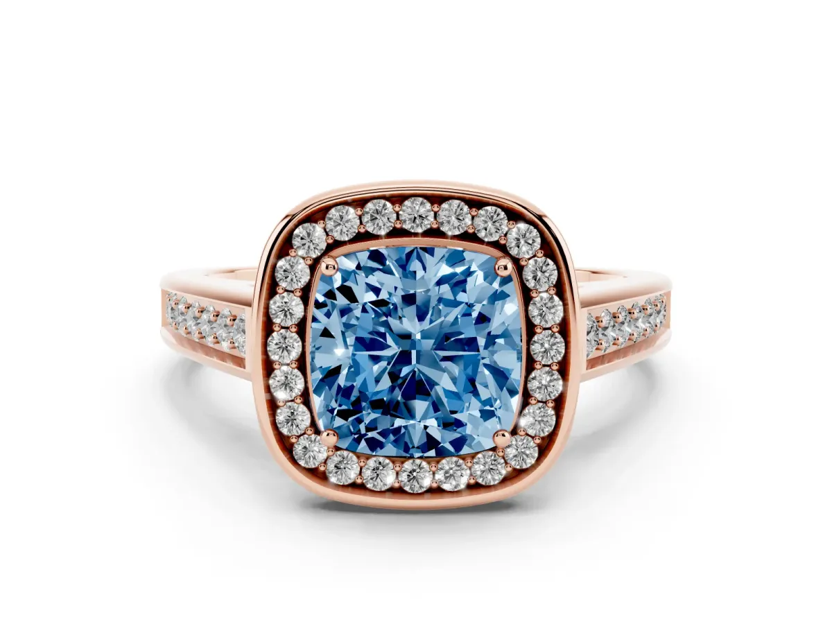Fancy Blue Cushion Cut Halo Solitaire Diamond Ring with Pave Band and Bezel Setting Rose gold