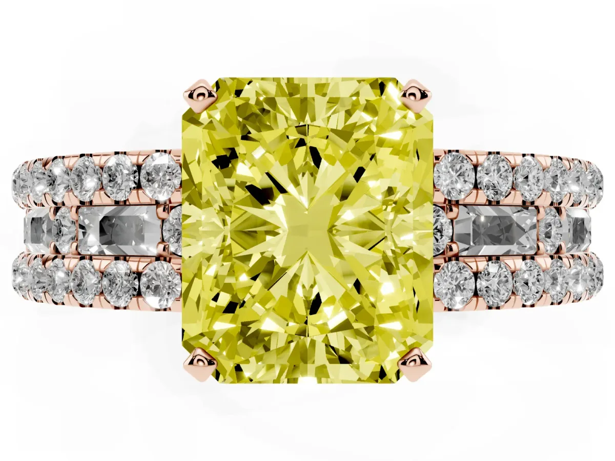 Fancy Yellow Radiant Cut Diamond Solitaire Ring with Pavé and Channel Set Band Rose gold