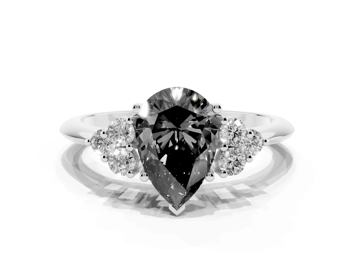 Fancy Black Pear Cut Cut Diamond Cluster Ring with Solitaire Band and Four-Prong Setting Platinum