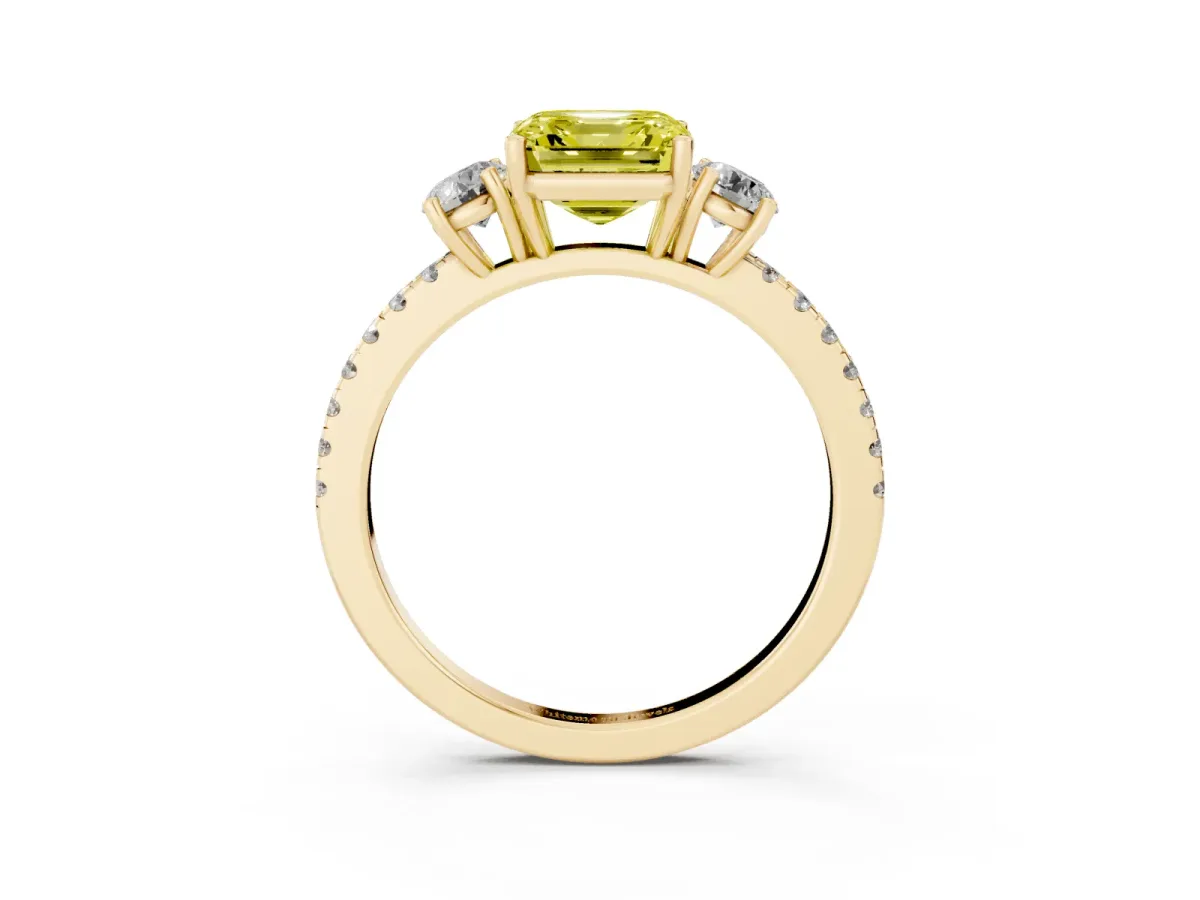 Fancy Yellow Three-Stone Asscher Cut Cut Diamond Pavé Band with Prong Setting Yellow gold
