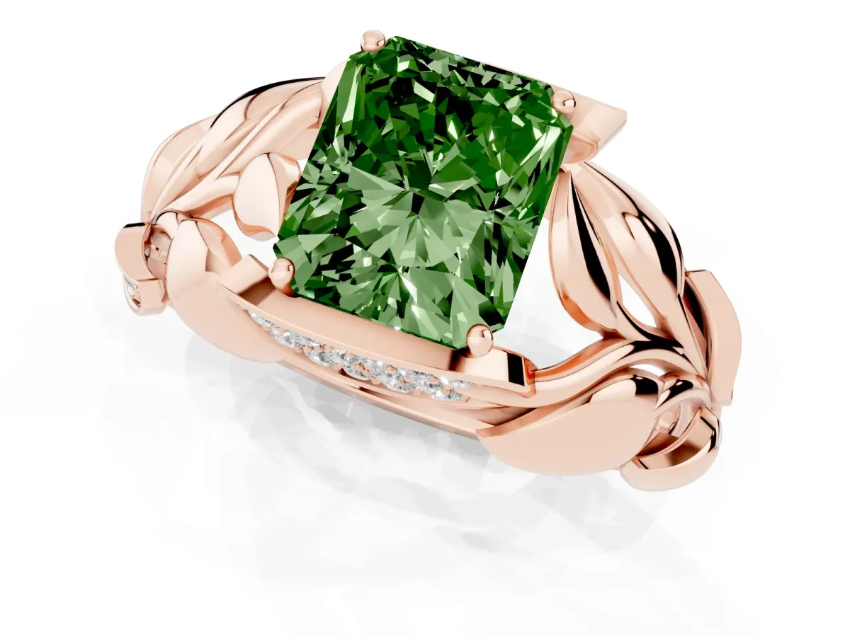 Fancy Green Radiant Cut Diamond Leaf-Inspired Engagement Ring with Round Accents and Prong Setting Rose gold