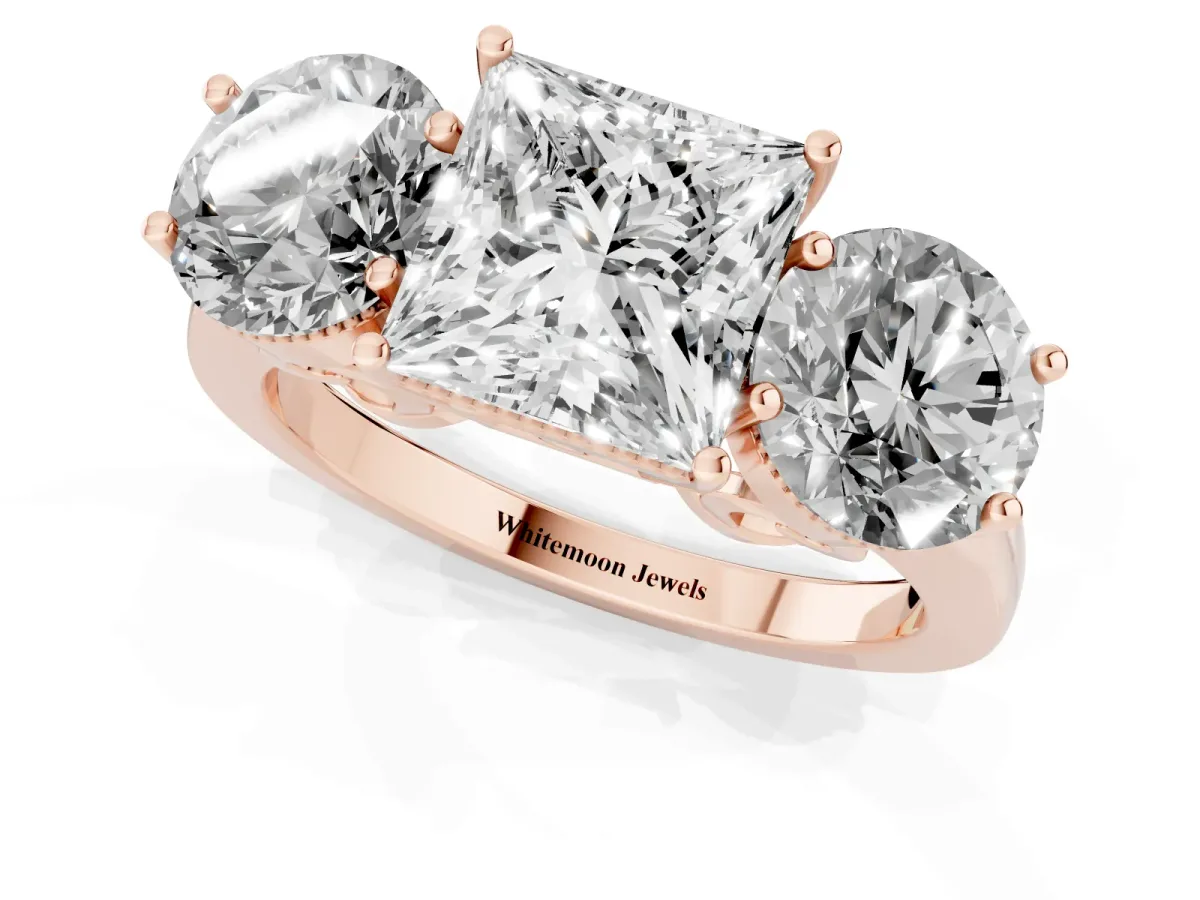 Three-Stone Princess Cut Diamond Engagement Ring with Prong Setting on a Classic Band Rose gold