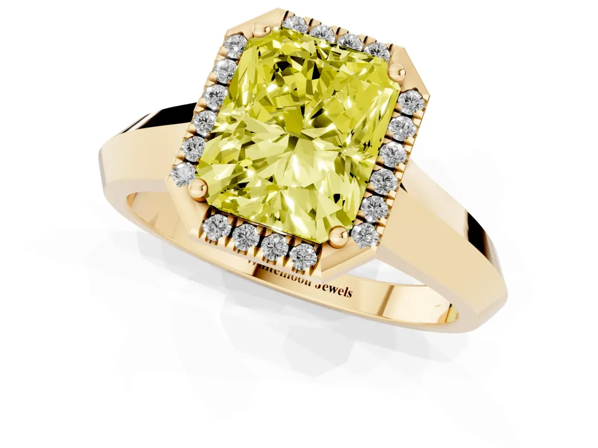 Fancy Yellow Radiant Cut Halo Diamond Ring with Cathedral Band and Four-Prong Setting Yellow gold