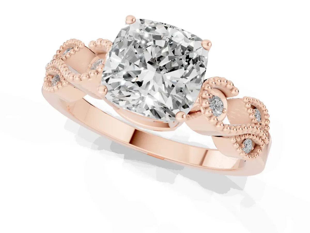 Cushion Cut Solitaire Milgrain Leaf Band with Prong Setting Rose gold