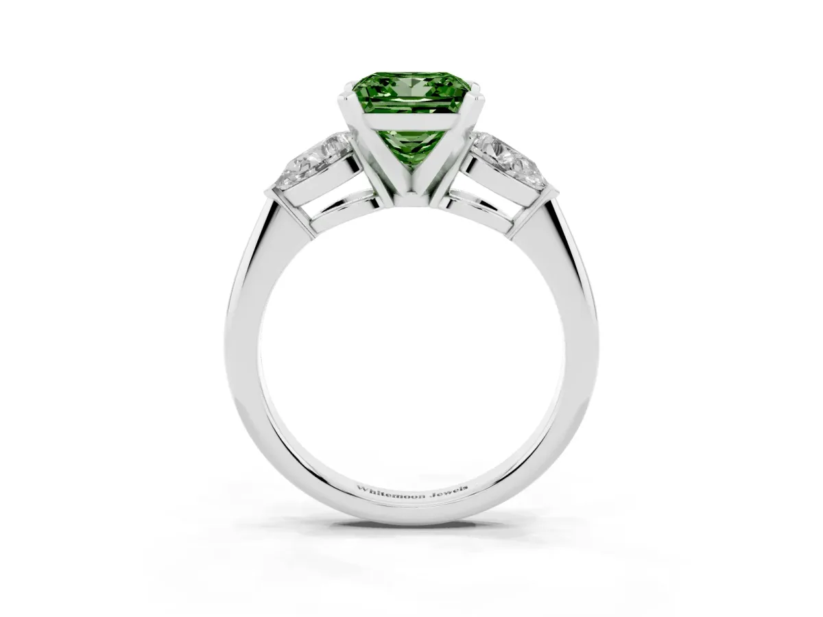 Fancy Green Three-Stone Princess Cut Diamond Ring with Pear Side Stones and Four-Prong Setting Silver