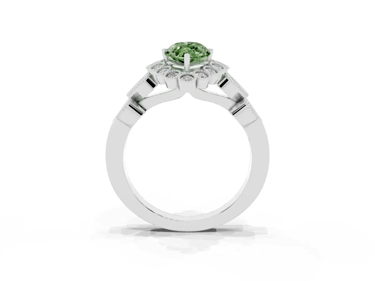 Fancy Green Marquise Cut Brilliant Milgrain Pave Heart Band Solitaire Ring Platinum