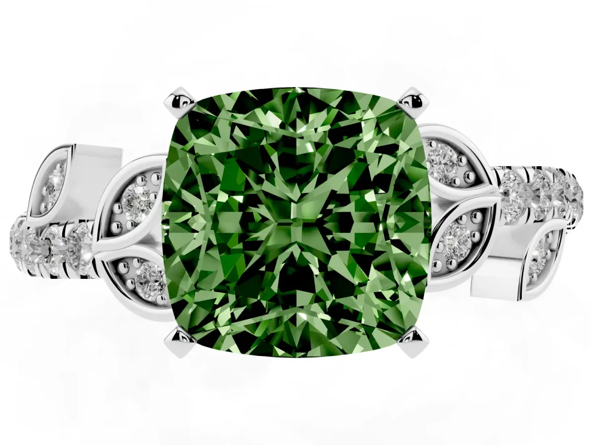 Fancy Green Cushion Cut Solitaire Leaf-Inspired Diamond Ring with Pavé Band and Four-Prong Setting Silver