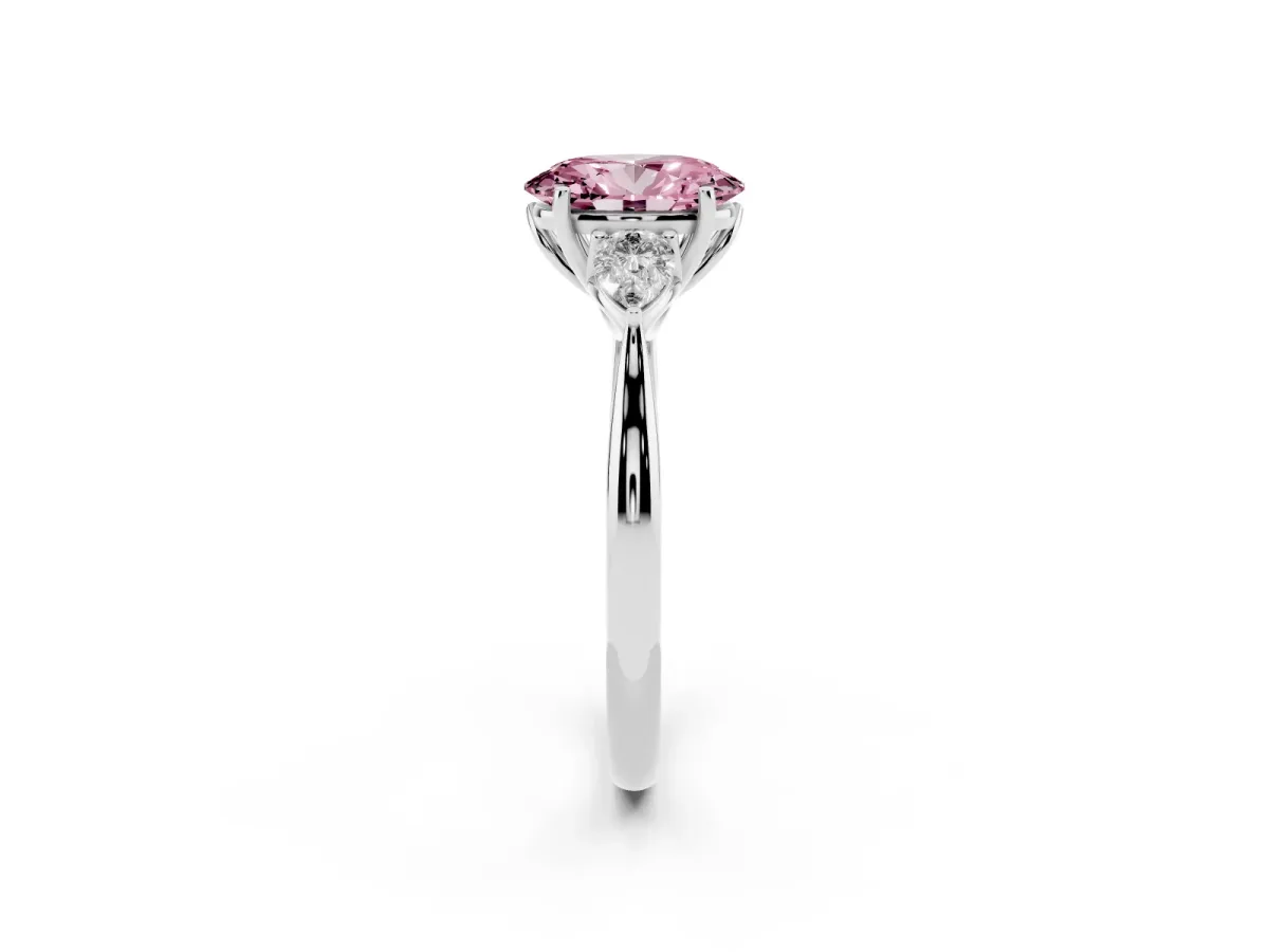 Fancy Pink Oval Cut Diamond Three-Stone Ring with Pear Side Stones and Prong Setting Silver