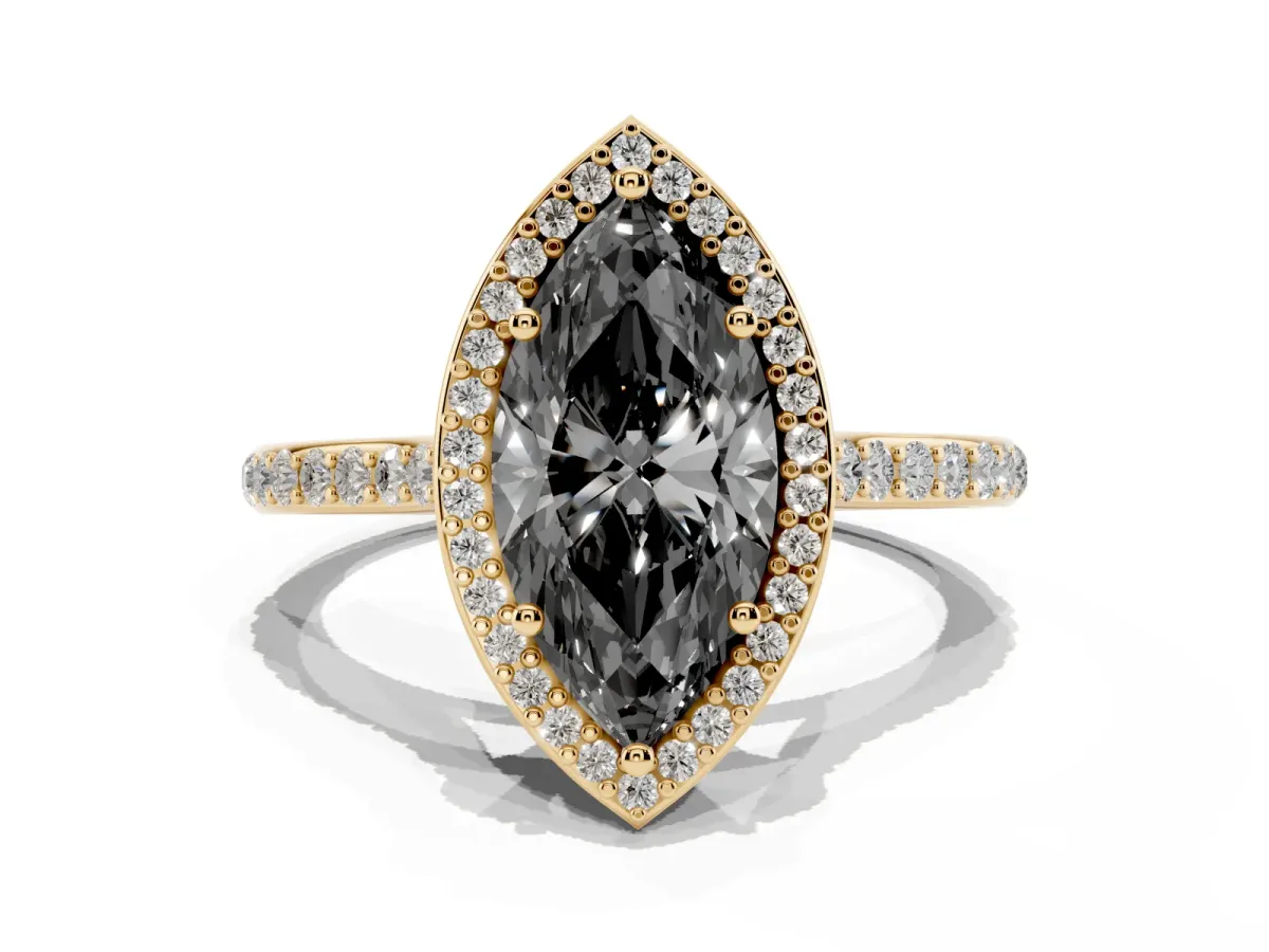Fancy Black Marquise Cut Diamond Halo Engagement Ring with Round Pavé Shoulders and Prong Setting Yellow gold