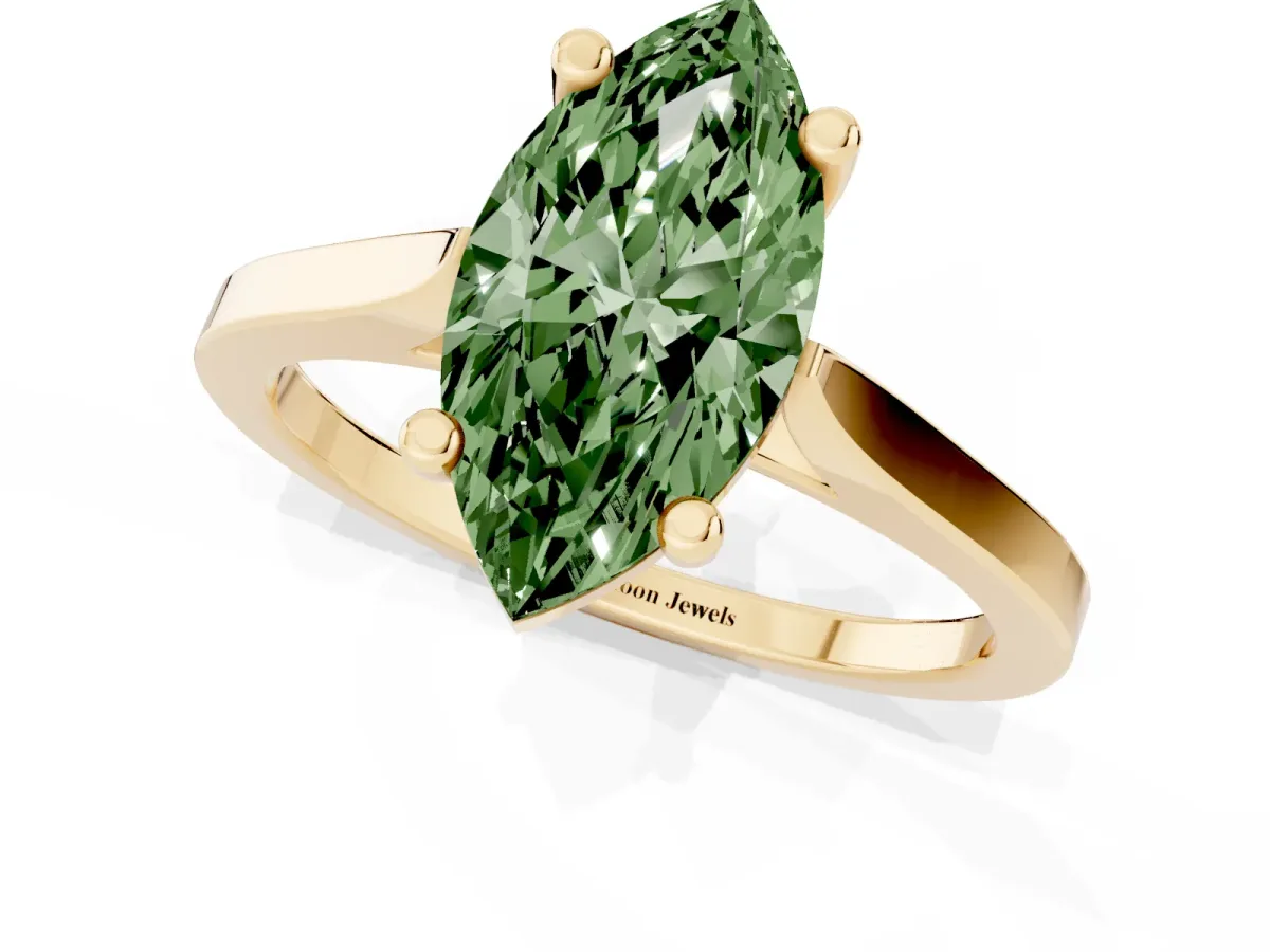 Fancy Green Marquise Cut Solitaire Diamond Ring with Four-Prong Setting and Tapered Band Yellow gold