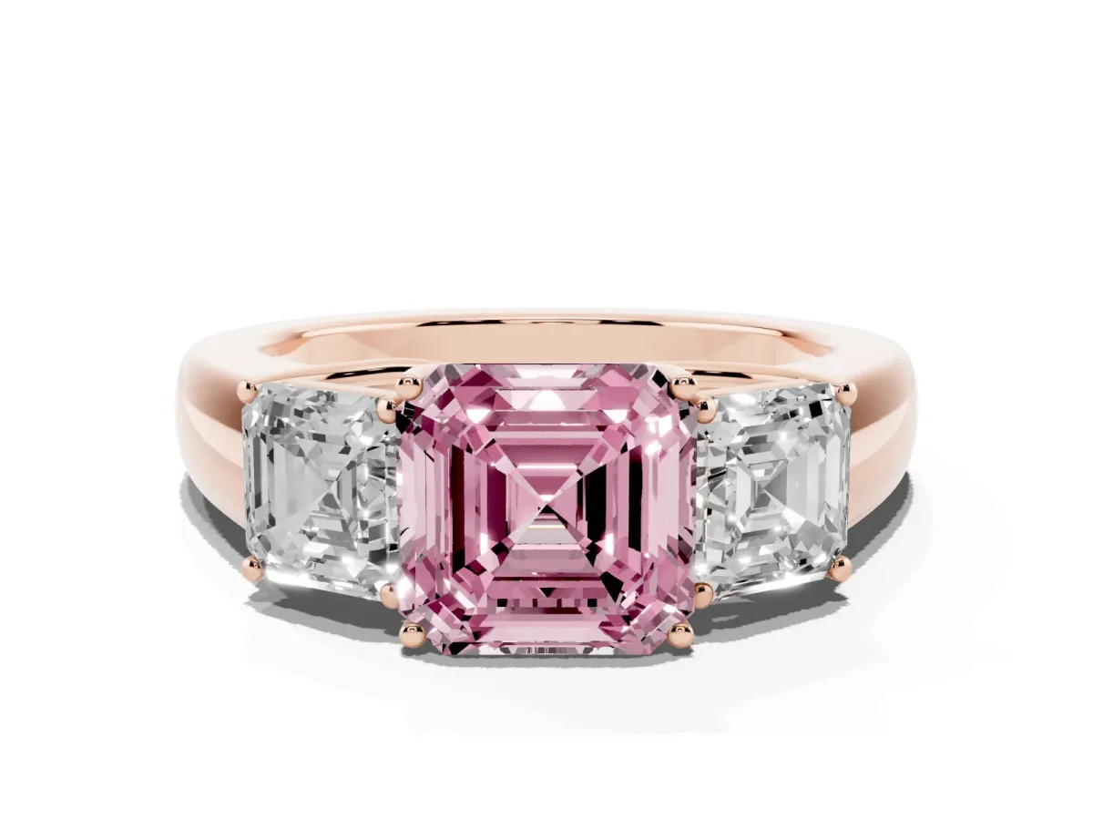 Fancy Pink Three-Stone Asscher Cut Cut Diamond Ring with Prong Setting and Classic Band Rose gold