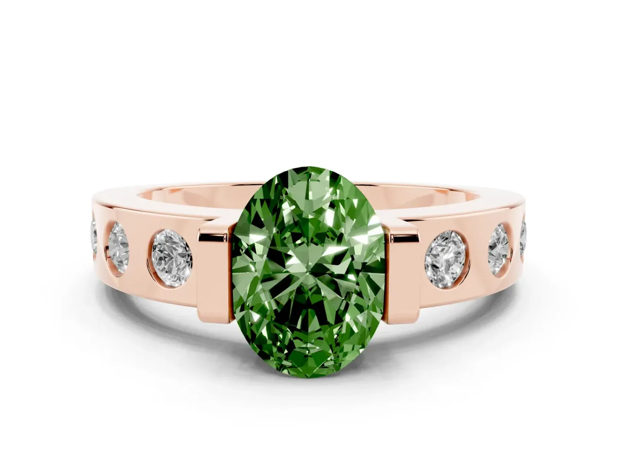 Fancy Green Oval Cut Brilliant Channel-Set Diamond Ring with Bezel Prong Setting Rose gold