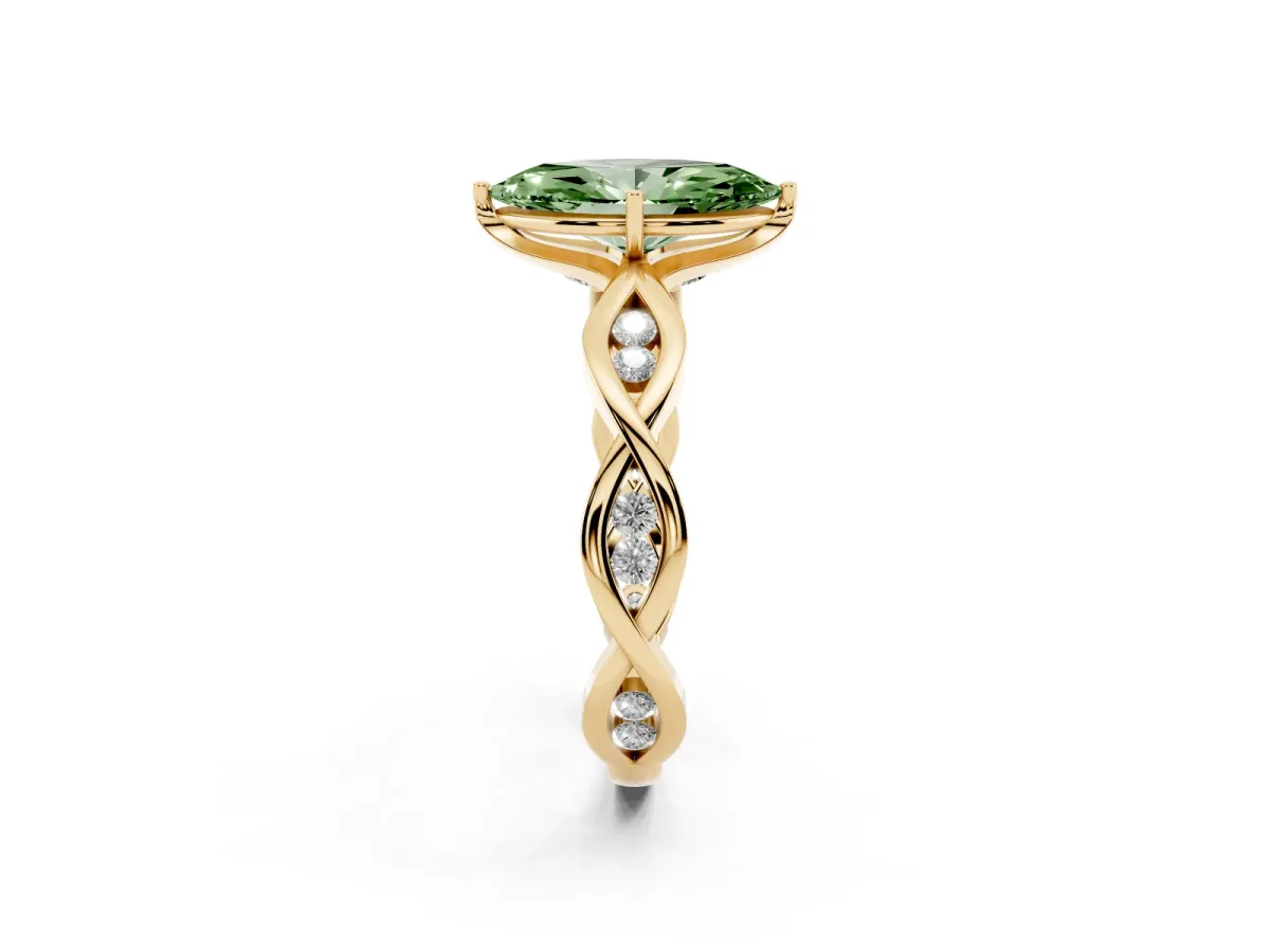 Fancy Green Marquise Cut Solitaire Twist Band with Leaf Prong Setting Yellow gold